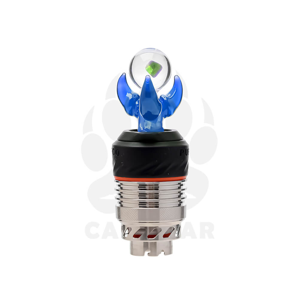 Seven color variations of the Calibear Dragon Claw Glass Joystick Carb Cap with encased opals, mounted on Puffco Peak Pro 3DXL chambers, featuring sculpted three-pronged glass dragon claws holding clear spheres with shifting colored opals inside in teal, red, yellow, pink, green, blue, and purple.