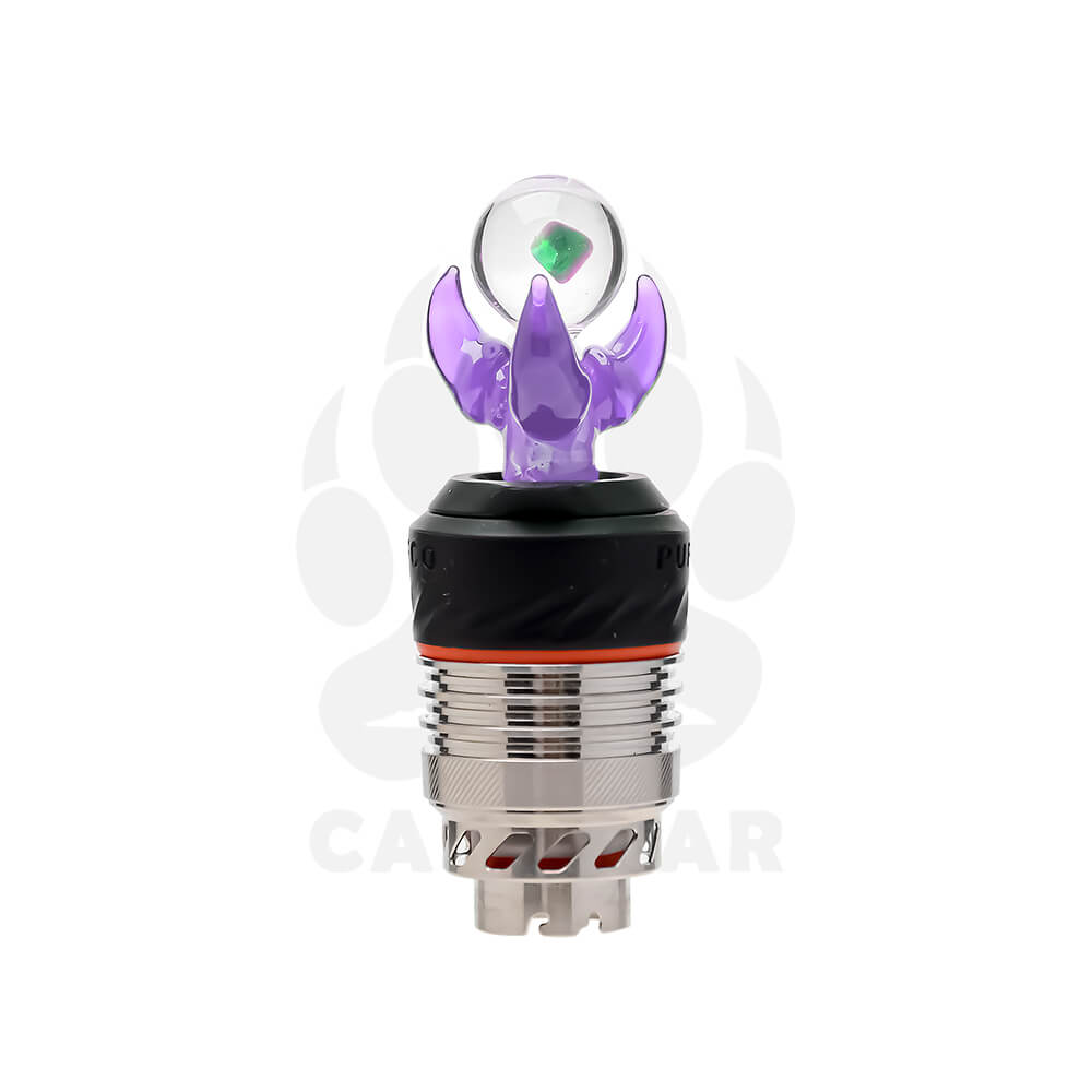Seven color variations of the Calibear Dragon Claw Glass Joystick Carb Cap with encased opals, mounted on Puffco Peak Pro 3DXL chambers, featuring sculpted three-pronged glass dragon claws holding clear spheres with shifting colored opals inside in teal, red, yellow, pink, green, blue, and purple.