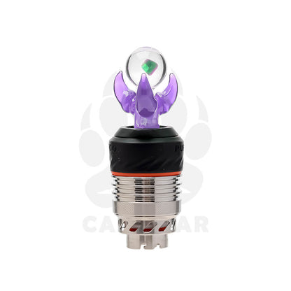 Seven color variations of the Calibear Dragon Claw Glass Joystick Carb Cap with encased opals, mounted on Puffco Peak Pro 3DXL chambers, featuring sculpted three-pronged glass dragon claws holding clear spheres with shifting colored opals inside in teal, red, yellow, pink, green, blue, and purple.