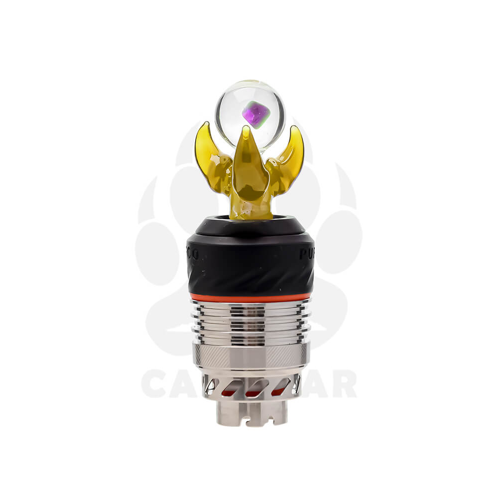 Seven color variations of the Calibear Dragon Claw Glass Joystick Carb Cap with encased opals, mounted on Puffco Peak Pro 3DXL chambers, featuring sculpted three-pronged glass dragon claws holding clear spheres with shifting colored opals inside in teal, red, yellow, pink, green, blue, and purple.