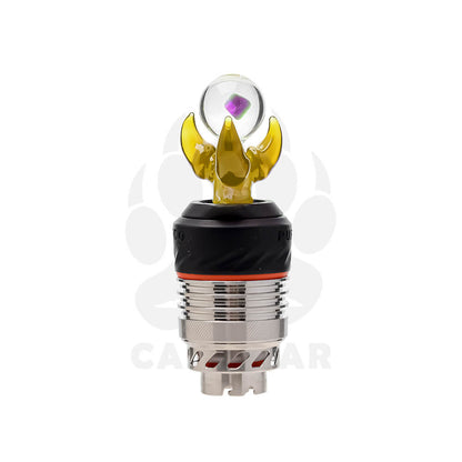 Seven color variations of the Calibear Dragon Claw Glass Joystick Carb Cap with encased opals, mounted on Puffco Peak Pro 3DXL chambers, featuring sculpted three-pronged glass dragon claws holding clear spheres with shifting colored opals inside in teal, red, yellow, pink, green, blue, and purple.