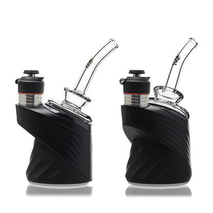 Calibear clear Gandalf Sherlock dry top glass attachments mounted on black Puffco Peak Pro e-rig bases, showcasing the sleek curved neck design from a side and front angle.