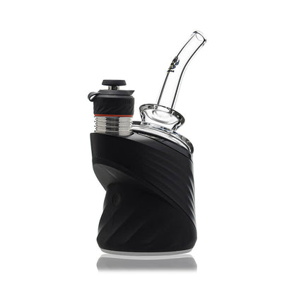 Calibear clear Gandalf Sherlock dry top glass attachments mounted on black Puffco Peak Pro e-rig bases, showcasing the sleek curved neck design from a side and front angle.