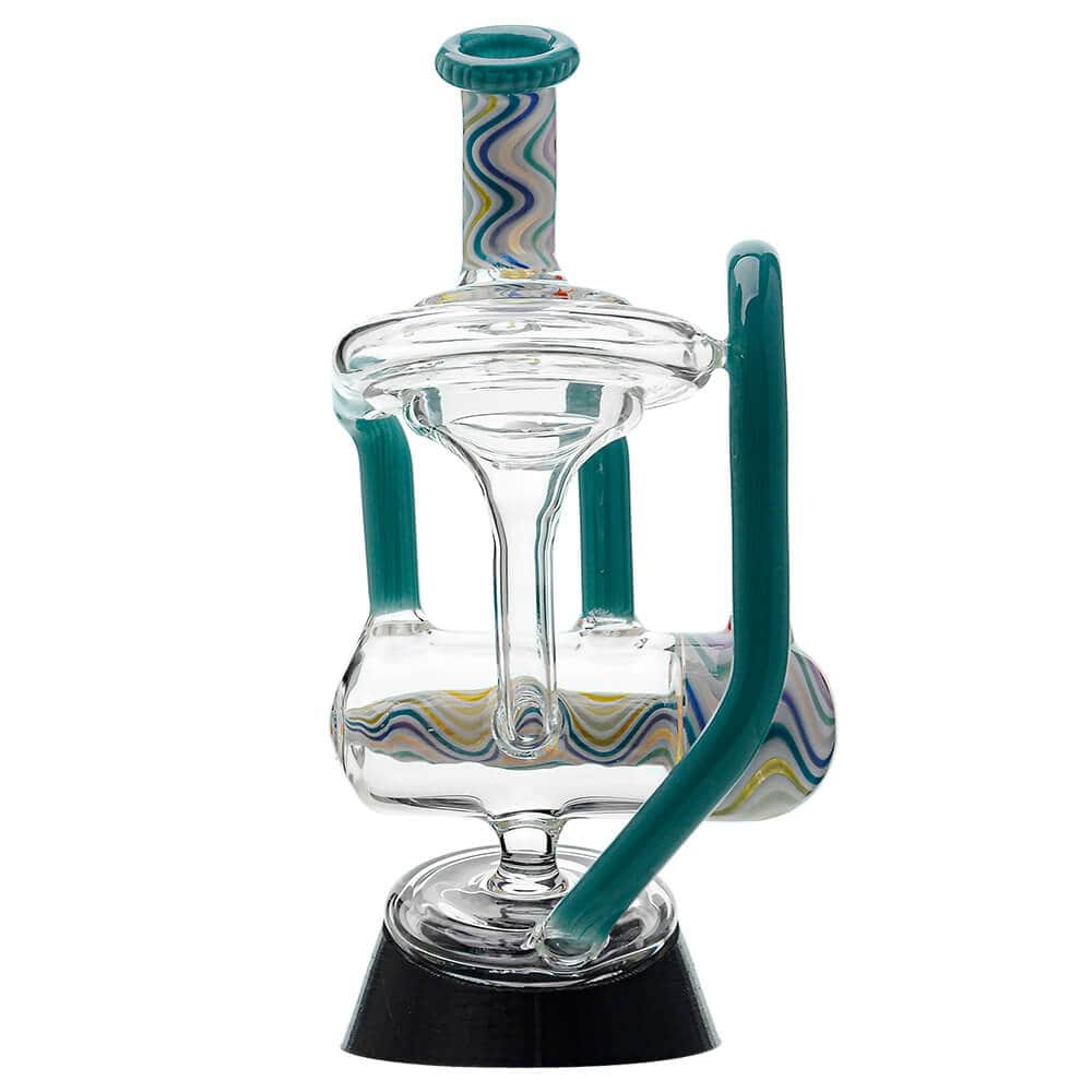 Calibear heady wigwag glass attachment with opal for Puffco Peak OG and Peak Pro featuring colorful handcrafted wigwag patterns and recycler design.