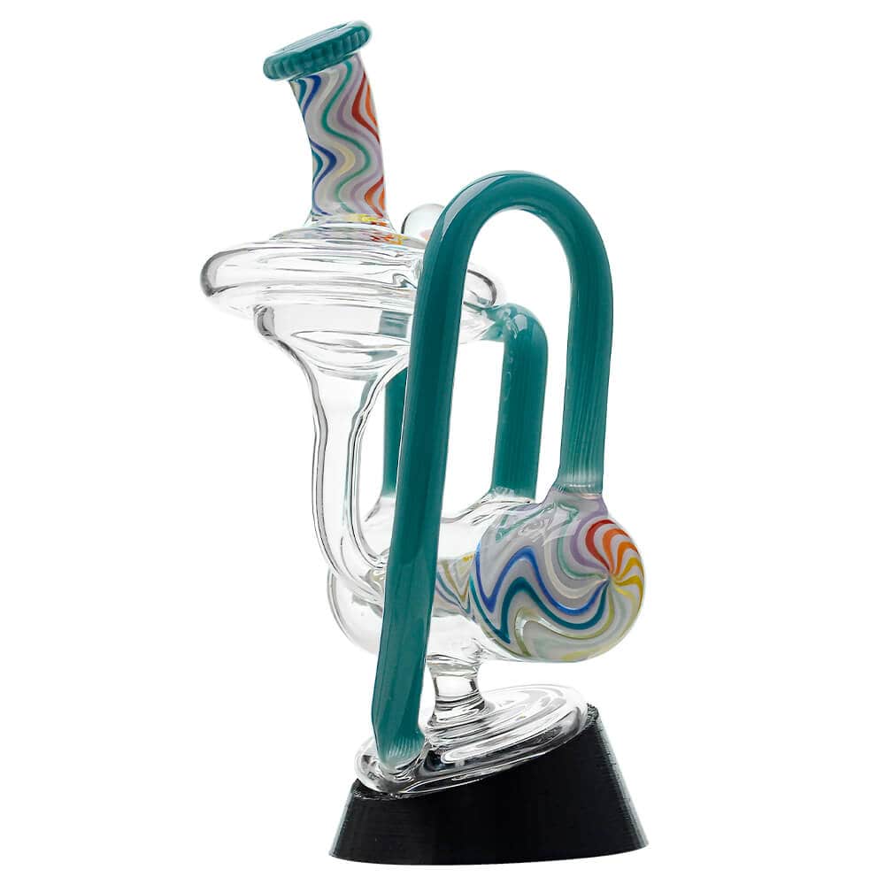 Calibear heady wigwag glass attachment with opal for Puffco Peak OG and Peak Pro featuring colorful handcrafted wigwag patterns and recycler design.