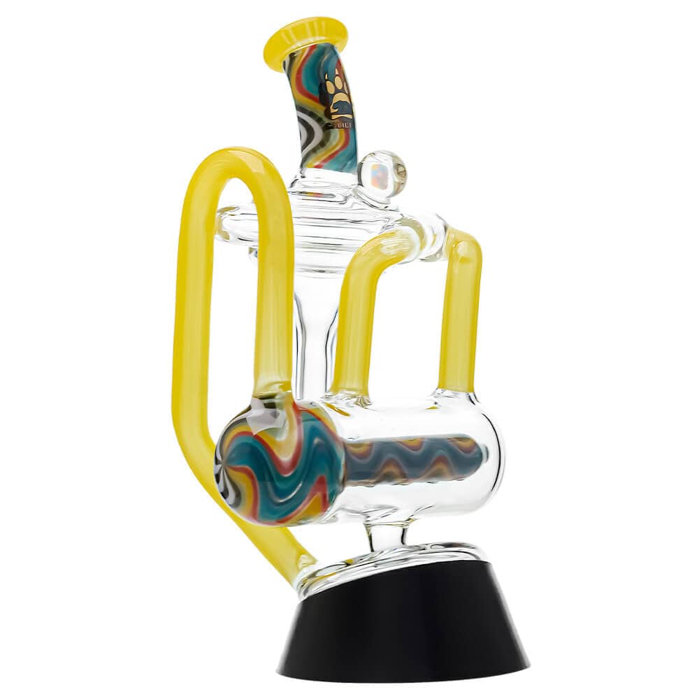 Calibear heady wigwag glass attachment with opal for Puffco Peak OG and Peak Pro featuring colorful handcrafted wigwag patterns and recycler design.