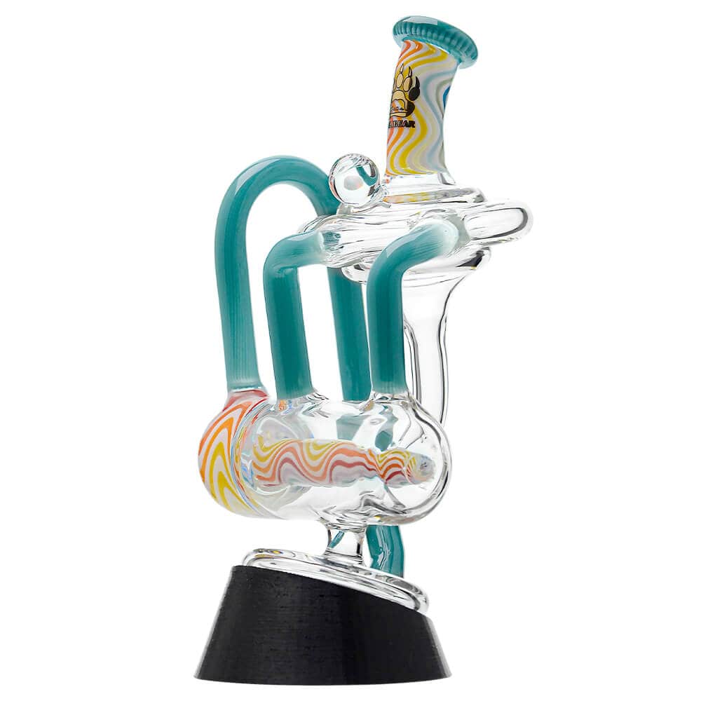 Calibear heady wigwag glass attachment with opal for Puffco Peak OG and Peak Pro featuring colorful handcrafted wigwag patterns and recycler design.