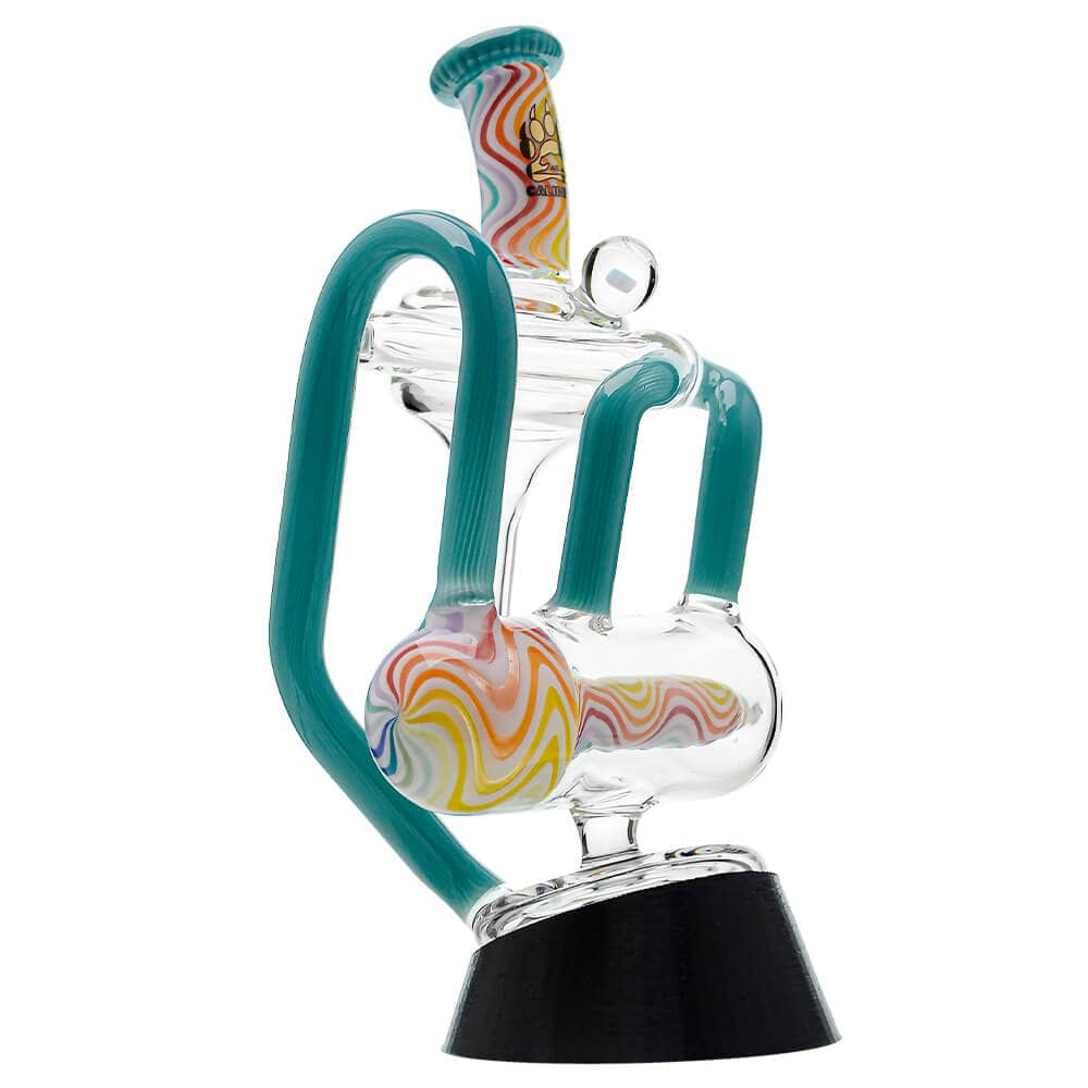 Calibear heady wigwag glass attachment with opal for Puffco Peak OG and Peak Pro featuring colorful handcrafted wigwag patterns and recycler design.