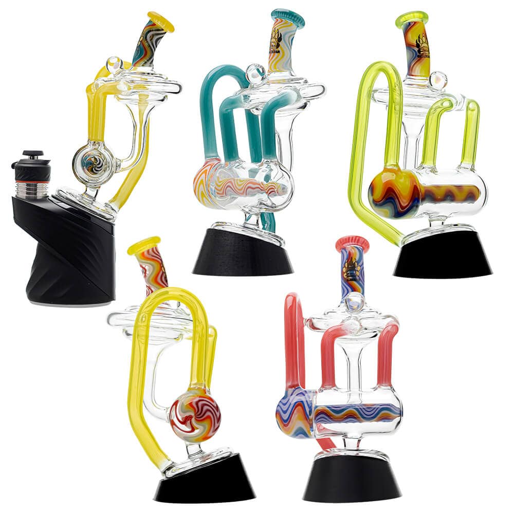 Calibear heady wigwag glass attachment with opal for Puffco Peak OG and Peak Pro featuring colorful handcrafted wigwag patterns and recycler design.
