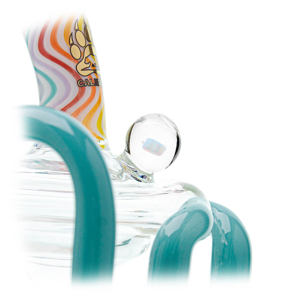 Calibear heady wigwag glass attachment with opal for Puffco Peak OG and Peak Pro featuring colorful handcrafted wigwag patterns and recycler design.