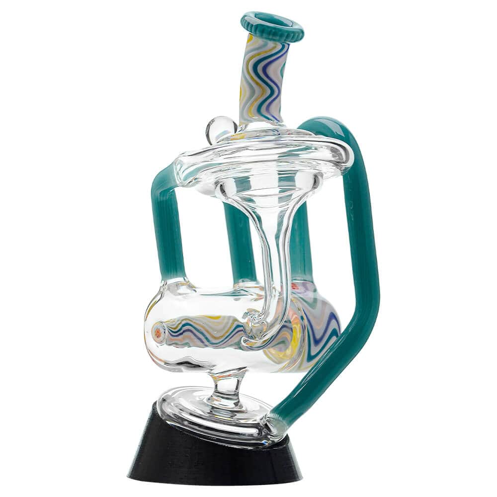 Calibear heady wigwag glass attachment with opal for Puffco Peak OG and Peak Pro featuring colorful handcrafted wigwag patterns and recycler design.
