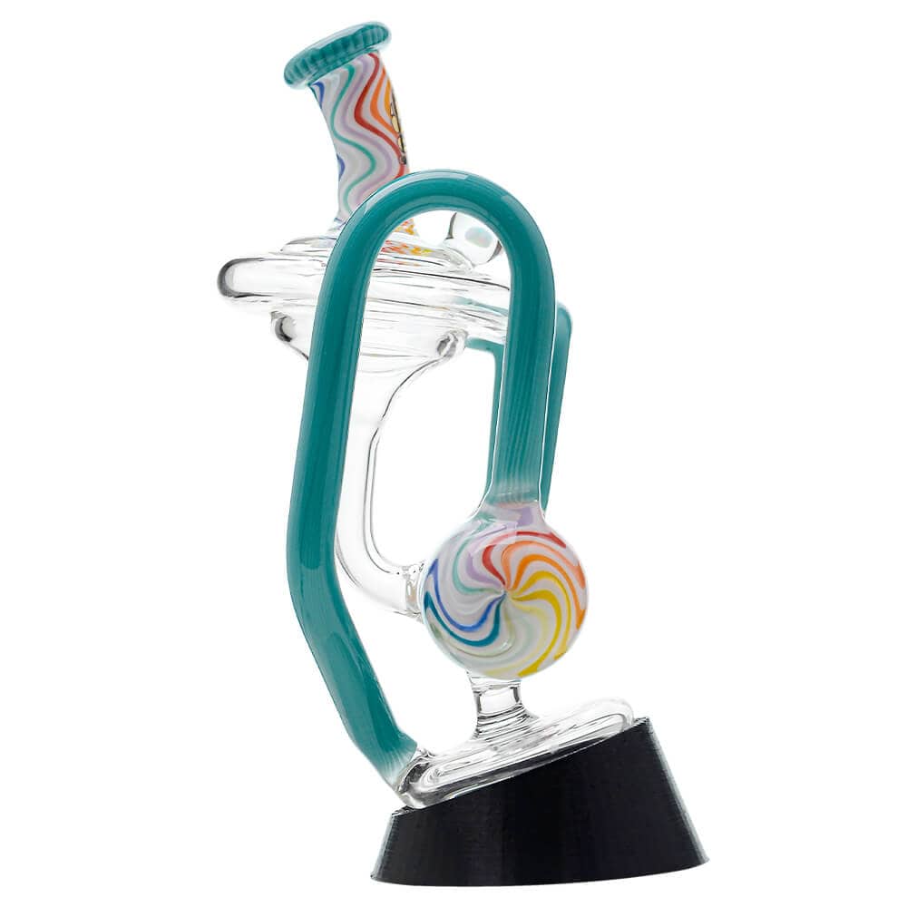 Calibear heady wigwag glass attachment with opal for Puffco Peak OG and Peak Pro featuring colorful handcrafted wigwag patterns and recycler design.