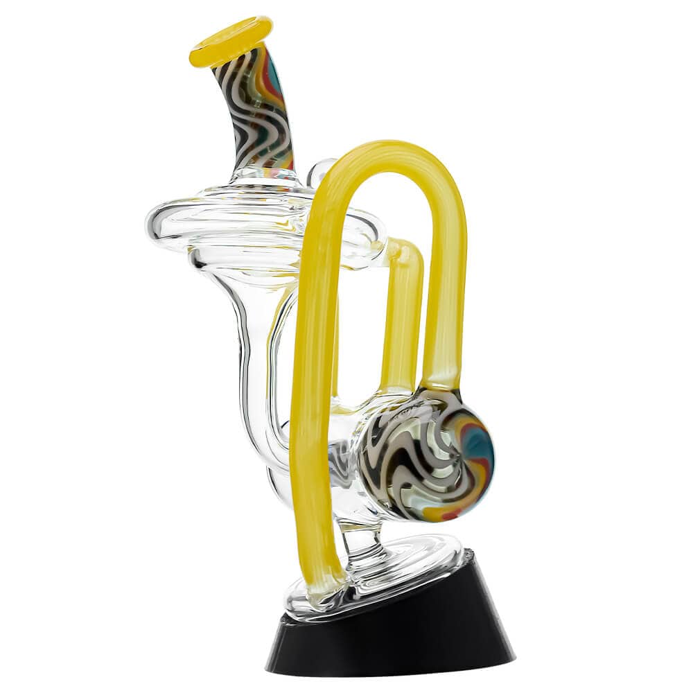 Calibear heady wigwag glass attachment with opal for Puffco Peak OG and Peak Pro featuring colorful handcrafted wigwag patterns and recycler design.