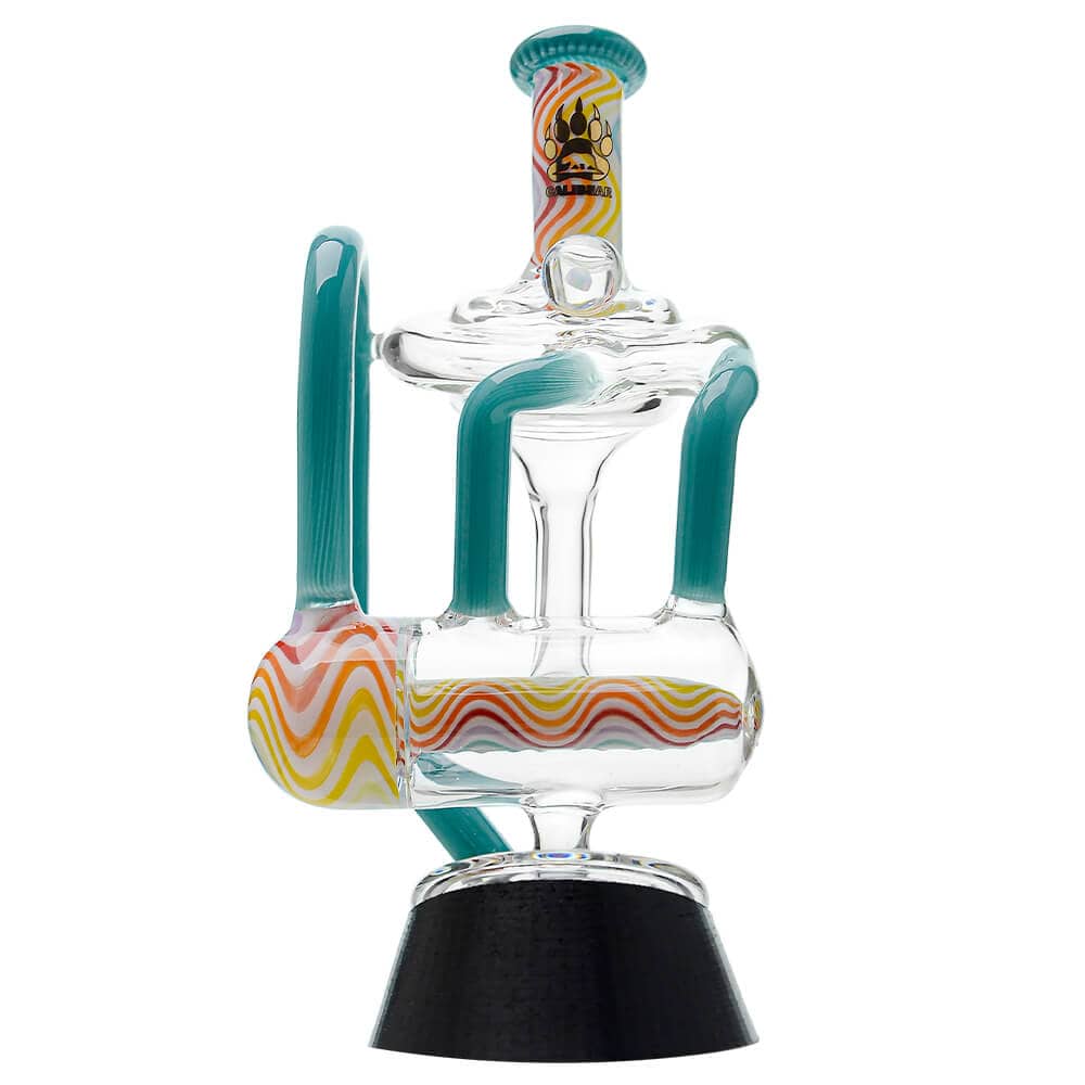 Calibear heady wigwag glass attachment with opal for Puffco Peak OG and Peak Pro featuring colorful handcrafted wigwag patterns and recycler design.