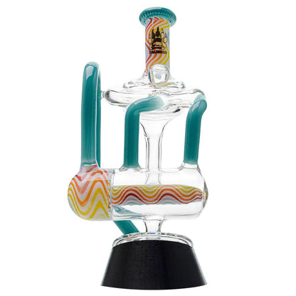 Calibear heady wigwag glass attachment with opal for Puffco Peak OG and Peak Pro featuring colorful handcrafted wigwag patterns and recycler design.