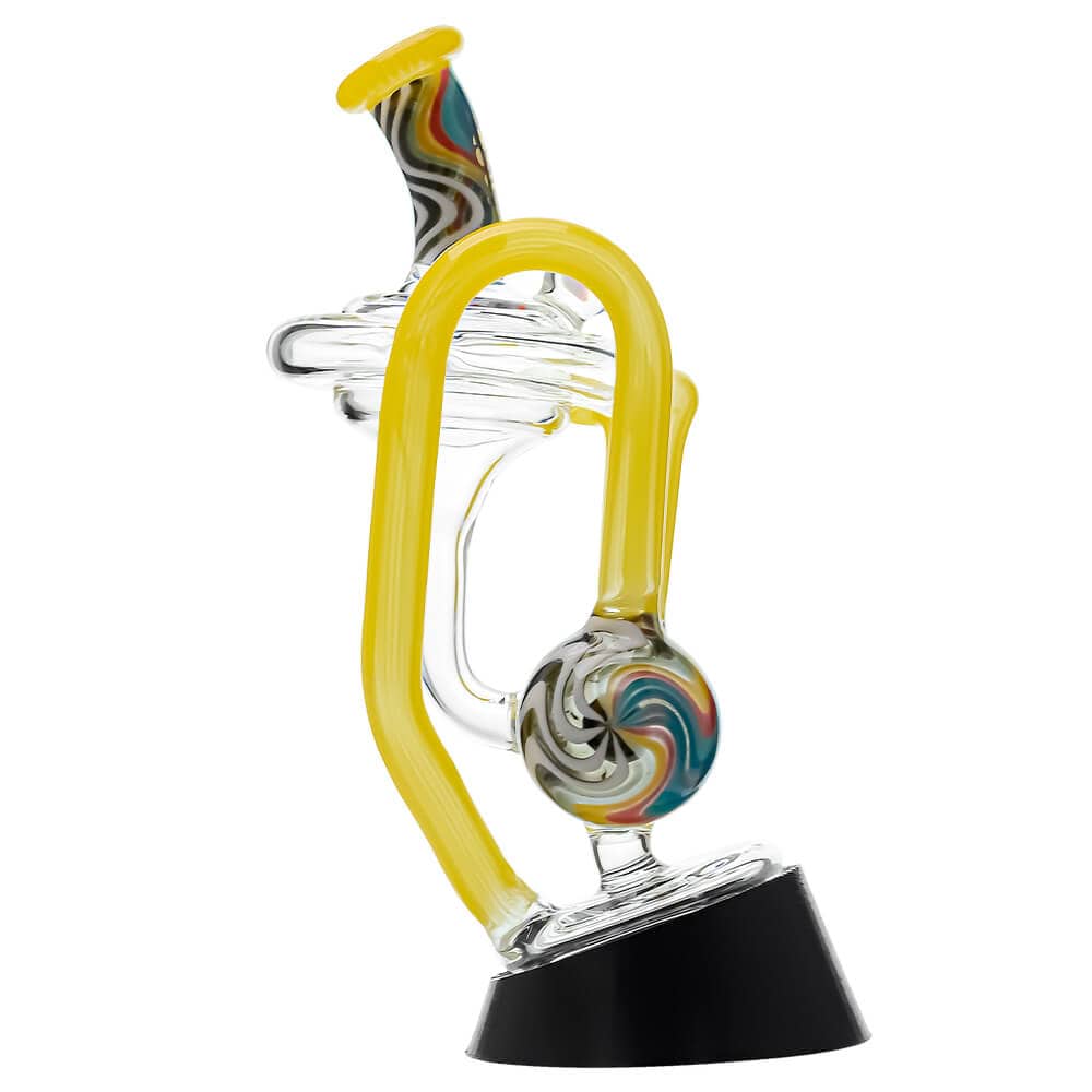 Calibear heady wigwag glass attachment with opal for Puffco Peak OG and Peak Pro featuring colorful handcrafted wigwag patterns and recycler design.