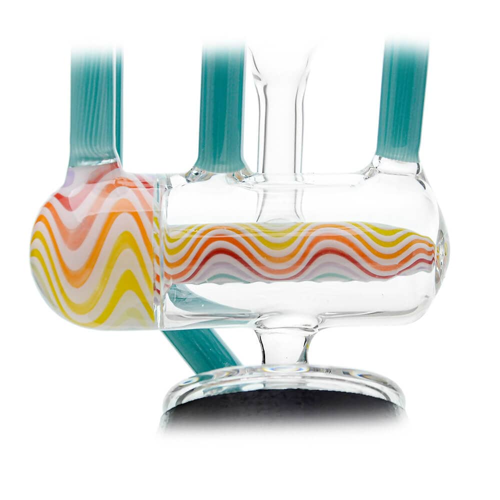 Calibear heady wigwag glass attachment with opal for Puffco Peak OG and Peak Pro featuring colorful handcrafted wigwag patterns and recycler design.