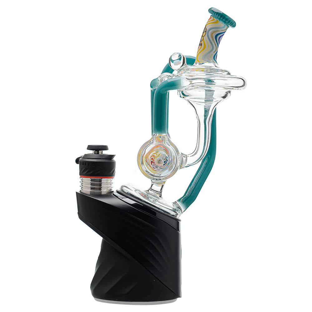 Calibear heady wigwag glass attachment with opal for Puffco Peak OG and Peak Pro featuring colorful handcrafted wigwag patterns and recycler design.