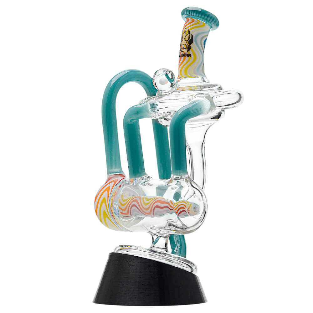 Calibear heady wigwag glass attachment with opal for Puffco Peak OG and Peak Pro featuring colorful handcrafted wigwag patterns and recycler design.