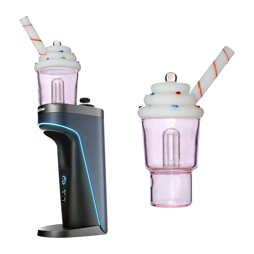Calibear Ice Cream Stack glass attachment for Dr. Dabber Switch 2 featuring a lavender-tinted water chamber, white whipped cream top with sprinkles, and a red-striped straw mouthpiece.