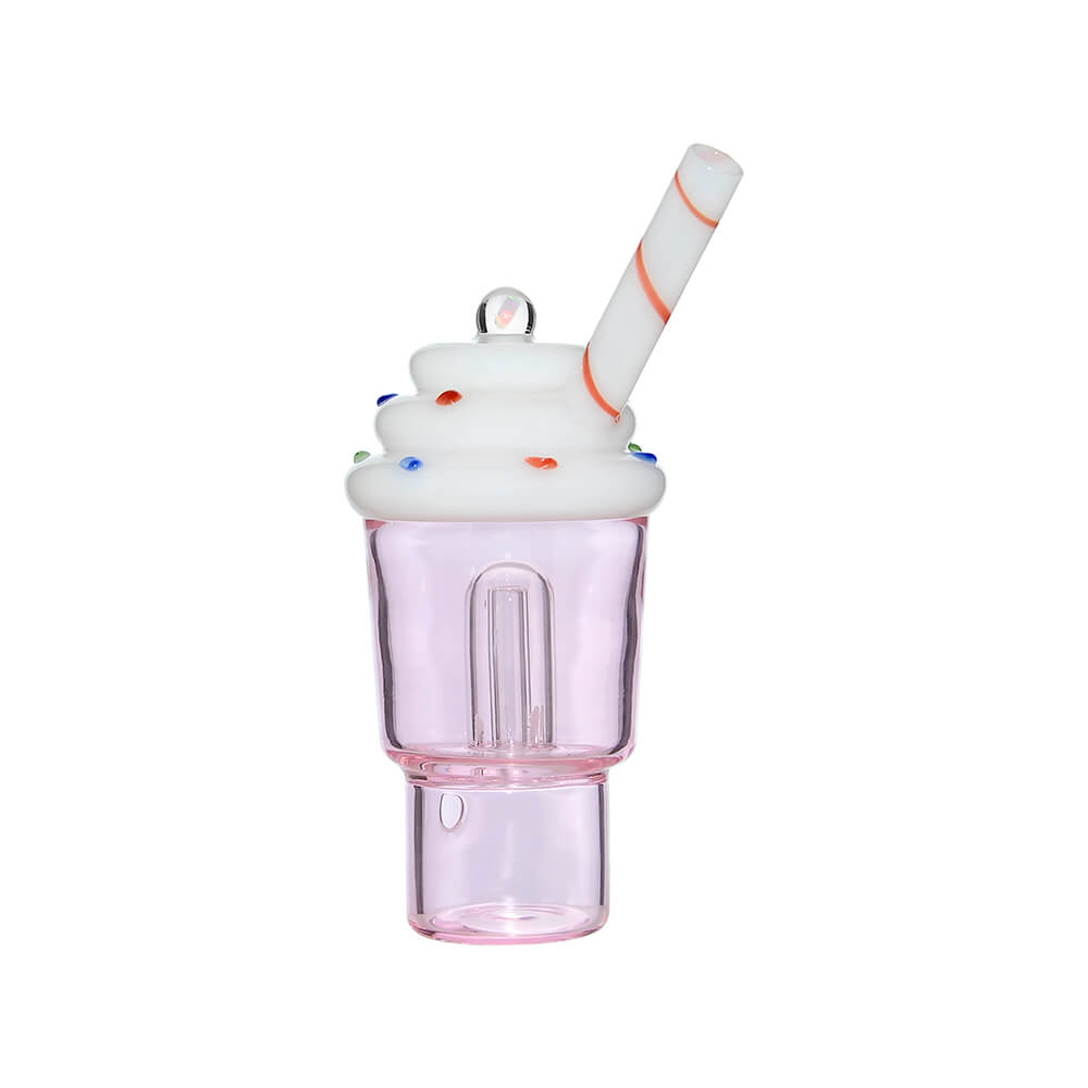 Calibear Ice Cream Stack glass attachment for Dr. Dabber Switch 2 featuring a lavender-tinted water chamber, white whipped cream top with sprinkles, and a red-striped straw mouthpiece.