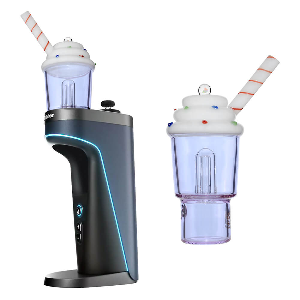 Calibear Ice Cream Stack glass attachment for Dr. Dabber Switch 2 featuring a lavender-tinted water chamber, white whipped cream top with sprinkles, and a red-striped straw mouthpiece.