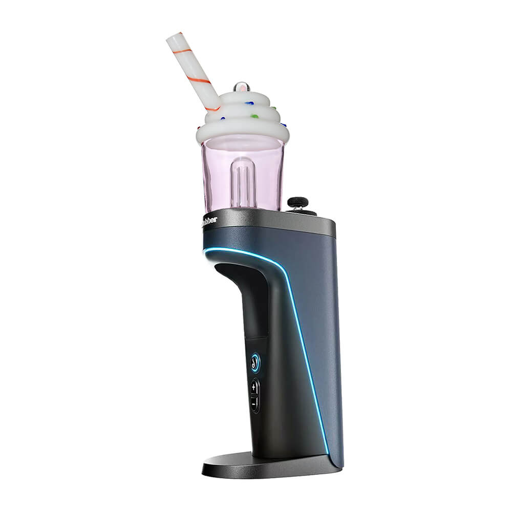 Calibear Ice Cream Stack glass attachment for Dr. Dabber Switch 2 featuring a lavender-tinted water chamber, white whipped cream top with sprinkles, and a red-striped straw mouthpiece.