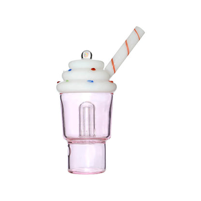 Calibear Ice Cream Stack glass attachment for Dr. Dabber Switch 2 featuring a lavender-tinted water chamber, white whipped cream top with sprinkles, and a red-striped straw mouthpiece.