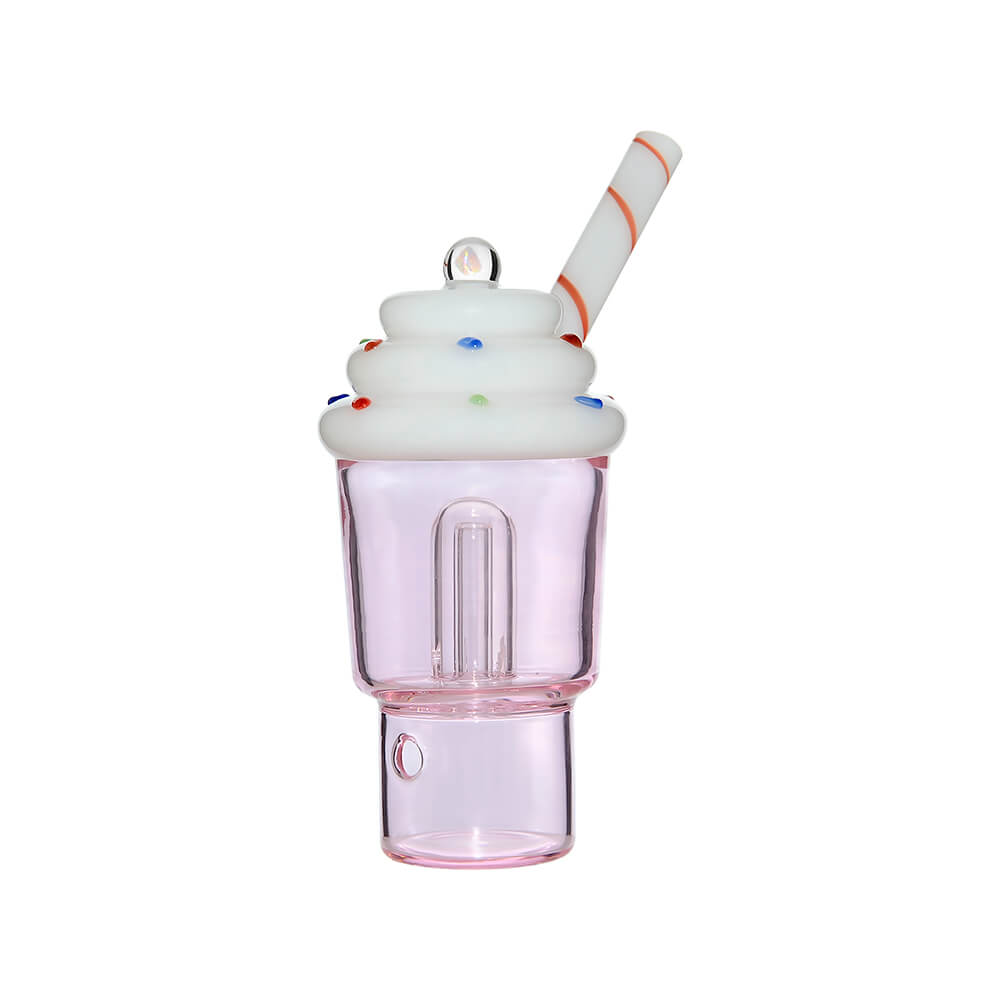 Calibear Ice Cream Stack glass attachment for Dr. Dabber Switch 2 featuring a lavender-tinted water chamber, white whipped cream top with sprinkles, and a red-striped straw mouthpiece.