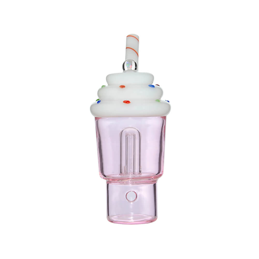 Calibear Ice Cream Stack glass attachment for Dr. Dabber Switch 2 featuring a lavender-tinted water chamber, white whipped cream top with sprinkles, and a red-striped straw mouthpiece.