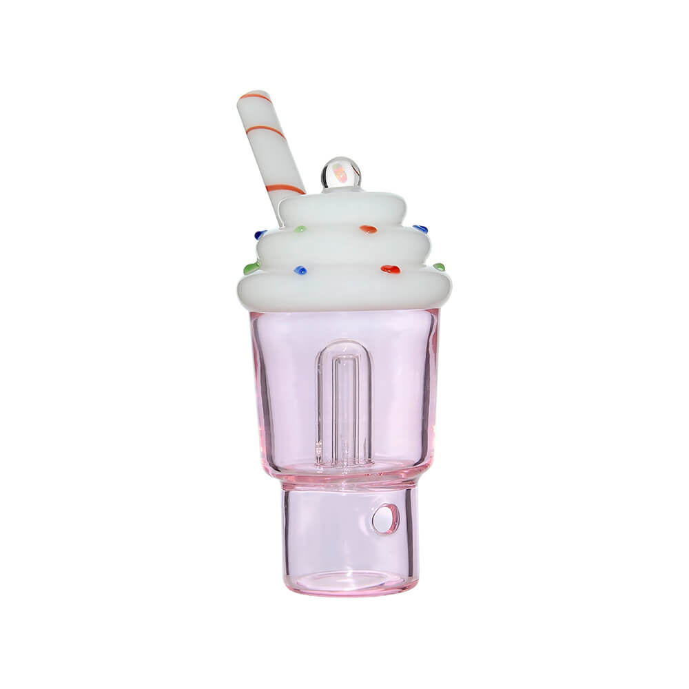 Calibear Ice Cream Stack glass attachment for Dr. Dabber Switch 2 featuring a lavender-tinted water chamber, white whipped cream top with sprinkles, and a red-striped straw mouthpiece.