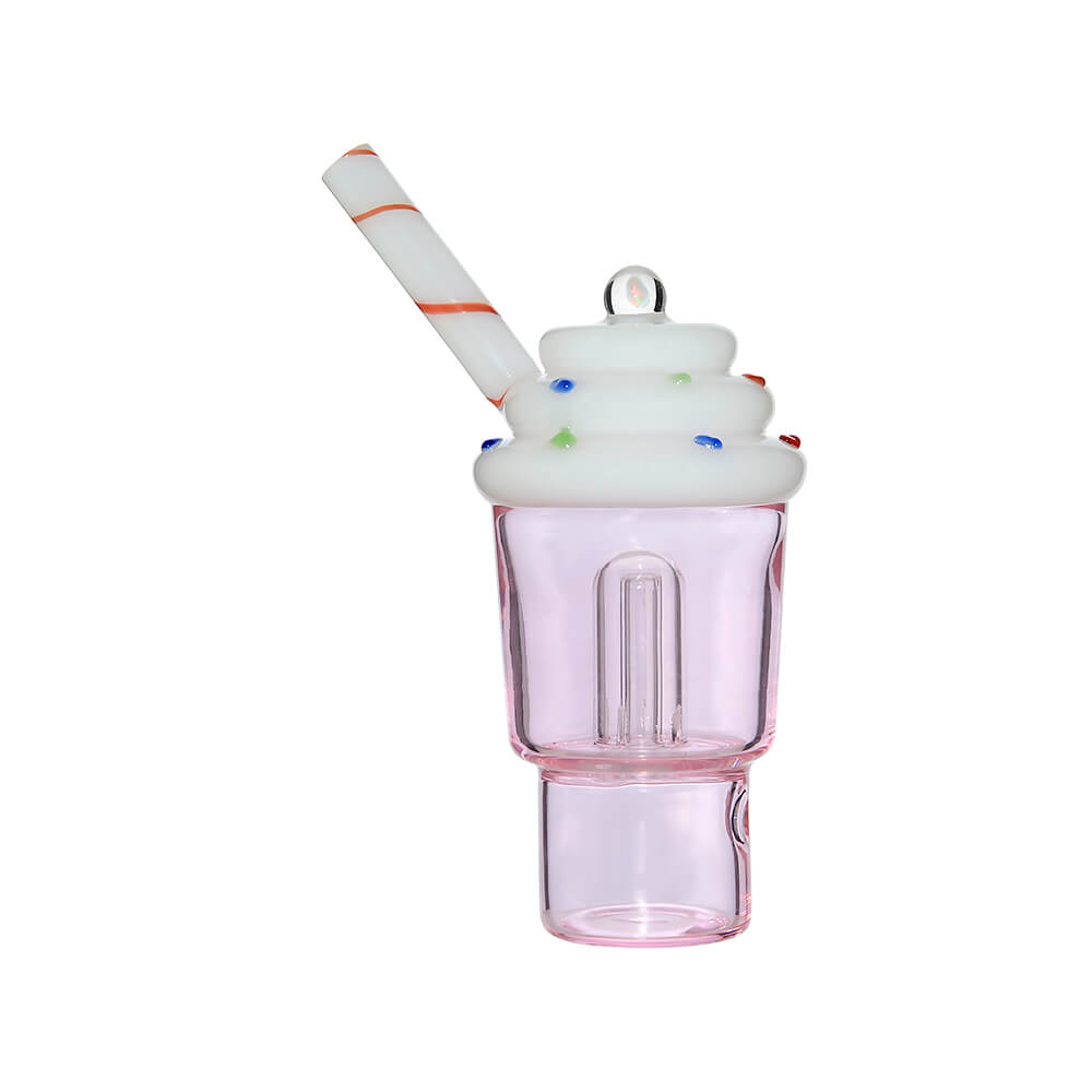 Calibear Ice Cream Stack glass attachment for Dr. Dabber Switch 2 featuring a lavender-tinted water chamber, white whipped cream top with sprinkles, and a red-striped straw mouthpiece.