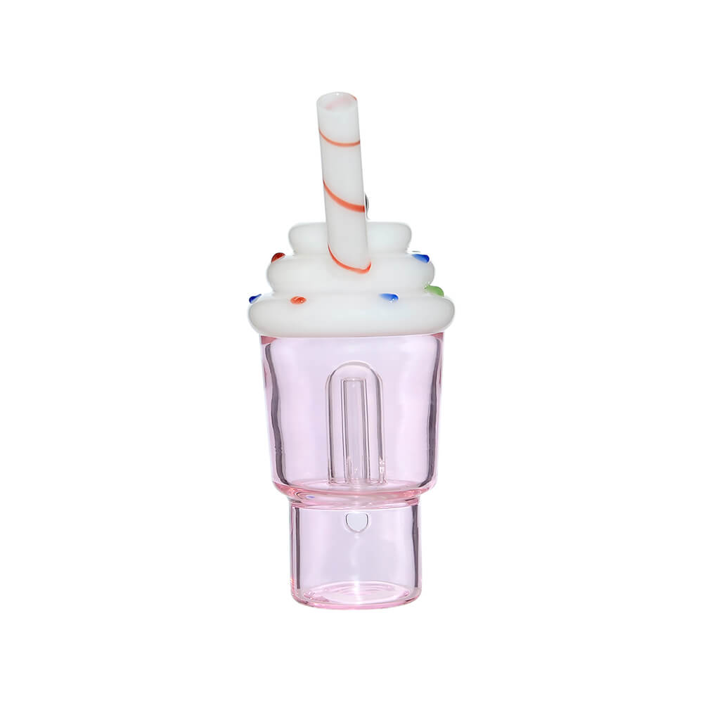 Calibear Ice Cream Stack glass attachment for Dr. Dabber Switch 2 featuring a lavender-tinted water chamber, white whipped cream top with sprinkles, and a red-striped straw mouthpiece.