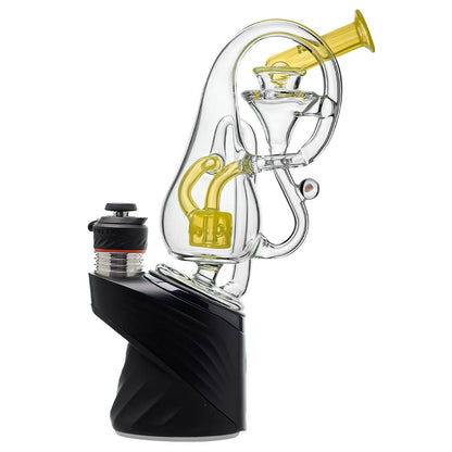 Klein Drop Bottle Glass Attachment with Encased Opal for Puffco Peak OG & Pro by Calibear Glass, displayed on Peak device and standalone, showcasing recycler design and iridescent opal inlay