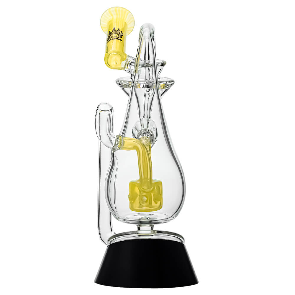 Klein Drop Bottle Glass Attachment with Encased Opal for Puffco Peak OG & Pro by Calibear Glass, displayed on Peak device and standalone, showcasing recycler design and iridescent opal inlay