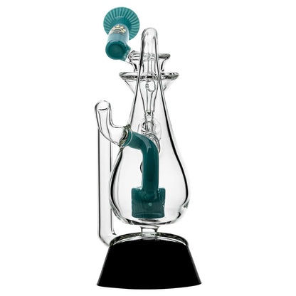 Klein Drop Bottle Glass Attachment with Encased Opal for Puffco Peak OG & Pro by Calibear Glass, displayed on Peak device and standalone, showcasing recycler design and iridescent opal inlay
