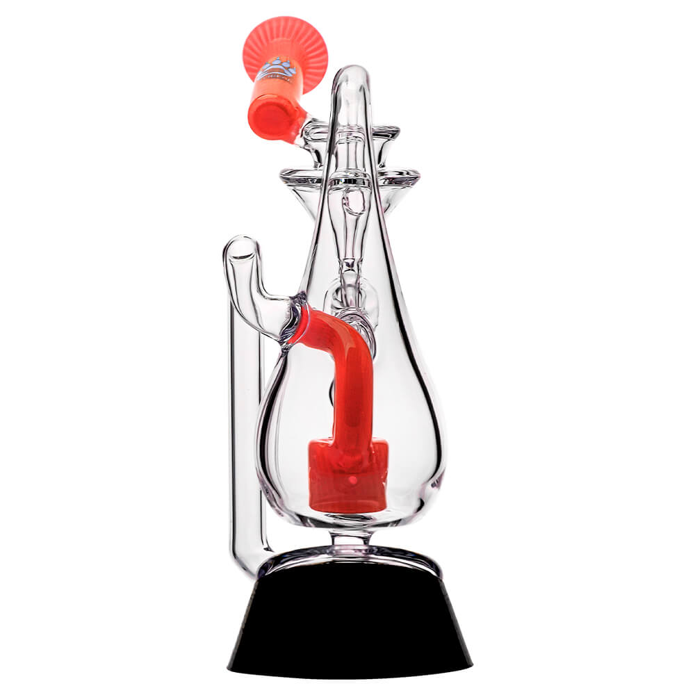 Klein Drop Bottle Glass Attachment with Encased Opal for Puffco Peak OG & Pro by Calibear Glass, displayed on Peak device and standalone, showcasing recycler design and iridescent opal inlay