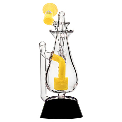 Klein Drop Bottle Glass Attachment with Encased Opal for Puffco Peak OG & Pro by Calibear Glass, displayed on Peak device and standalone, showcasing recycler design and iridescent opal inlay