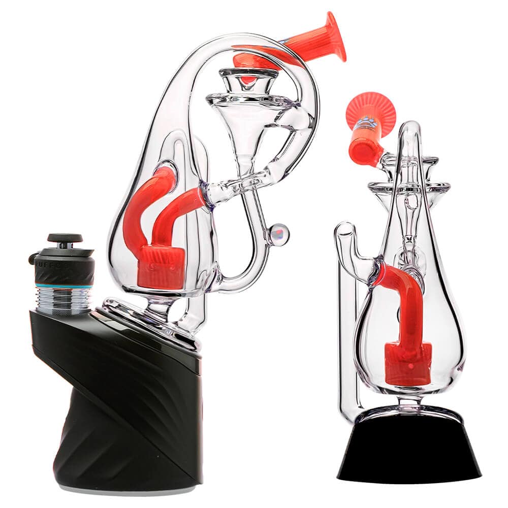 Klein Drop Bottle Glass Attachment with Encased Opal for Puffco Peak OG & Pro by Calibear Glass, displayed on Peak device and standalone, showcasing recycler design and iridescent opal inlay