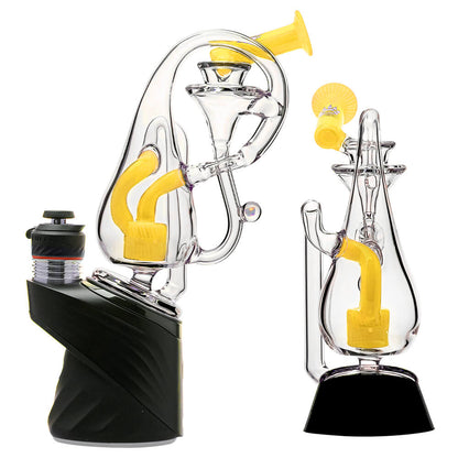 Klein Drop Bottle Glass Attachment with Encased Opal for Puffco Peak OG & Pro by Calibear Glass, displayed on Peak device and standalone, showcasing recycler design and iridescent opal inlay