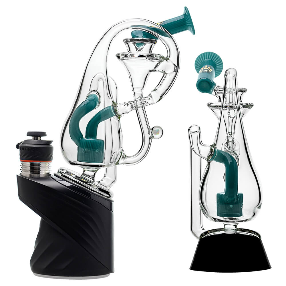Klein Drop Bottle Glass Attachment with Encased Opal for Puffco Peak OG & Pro by Calibear Glass, displayed on Peak device and standalone, showcasing recycler design and iridescent opal inlay
