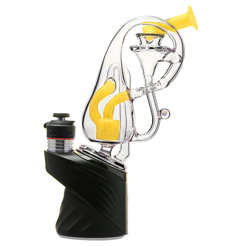 Klein Drop Bottle Glass Attachment with Encased Opal for Puffco Peak OG & Pro by Calibear Glass, displayed on Peak device and standalone, showcasing recycler design and iridescent opal inlay