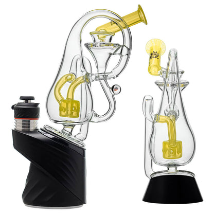 Klein Drop Bottle Glass Attachment with Encased Opal for Puffco Peak OG & Pro by Calibear Glass, displayed on Peak device and standalone, showcasing recycler design and iridescent opal inlay