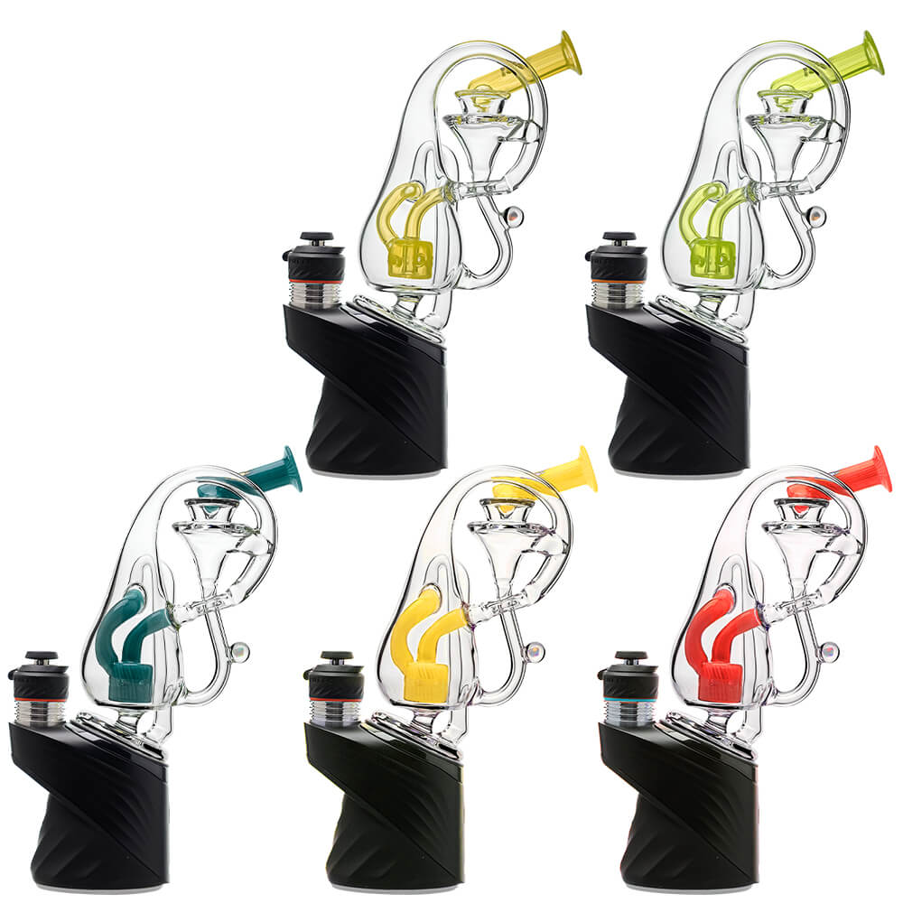 Klein Drop Bottle Glass Attachment with Encased Opal for Puffco Peak OG & Pro by Calibear Glass, displayed on Peak device and standalone, showcasing recycler design and iridescent opal inlay