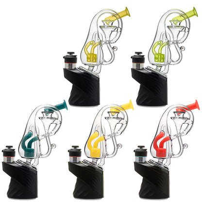 Klein Drop Bottle Glass Attachment with Encased Opal for Puffco Peak OG & Pro by Calibear Glass, displayed on Peak device and standalone, showcasing recycler design and iridescent opal inlay
