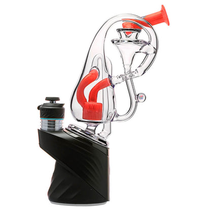 Klein Drop Bottle Glass Attachment with Encased Opal for Puffco Peak OG & Pro by Calibear Glass, displayed on Peak device and standalone, showcasing recycler design and iridescent opal inlay