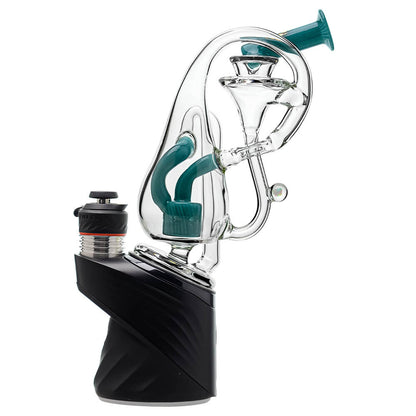 Klein Drop Bottle Glass Attachment with Encased Opal for Puffco Peak OG & Pro by Calibear Glass, displayed on Peak device and standalone, showcasing recycler design and iridescent opal inlay