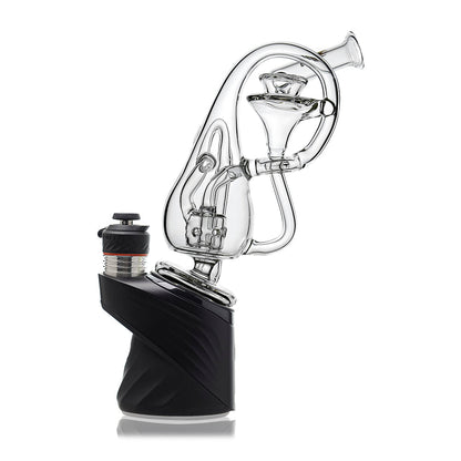 Klein Drop Bottle Glass Attachment with Encased Opal for Puffco Peak OG & Pro by Calibear Glass, displayed on Peak device and standalone, showcasing recycler design and iridescent opal inlay