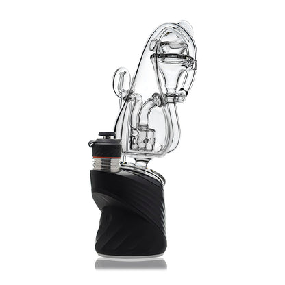 Klein Drop Bottle Glass Attachment with Encased Opal for Puffco Peak OG & Pro by Calibear Glass, displayed on Peak device and standalone, showcasing recycler design and iridescent opal inlay