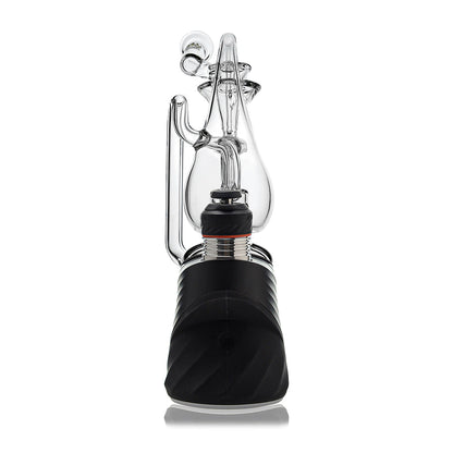 Klein Drop Bottle Glass Attachment with Encased Opal for Puffco Peak OG & Pro by Calibear Glass, displayed on Peak device and standalone, showcasing recycler design and iridescent opal inlay